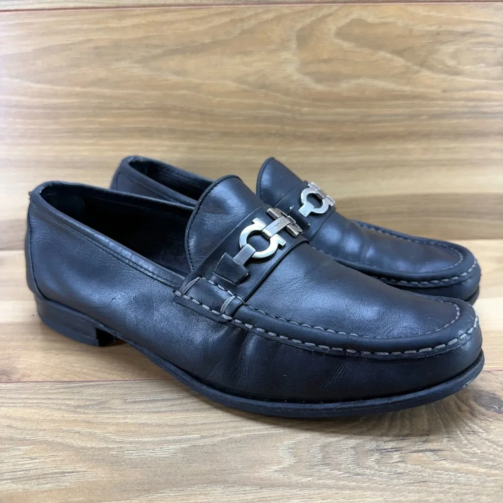Salvatore Ferragamo Gancini Bit Loafers Mens 9 EE Black Leather Moc Toe Formal